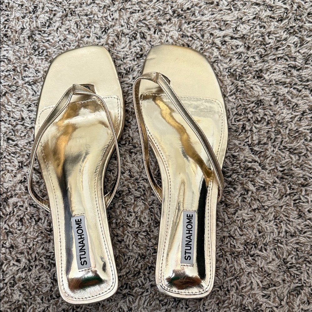 Metallic Gold Square-Toe Thong Sandals for Women